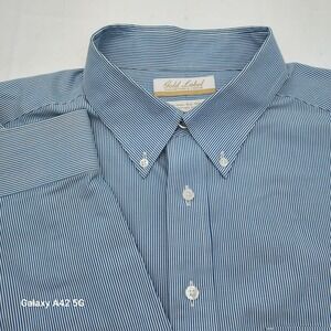 Roundtree Yorke Gold Label Non Iron EZ Wash Button Down Men 17.5 35 Blue Stripe